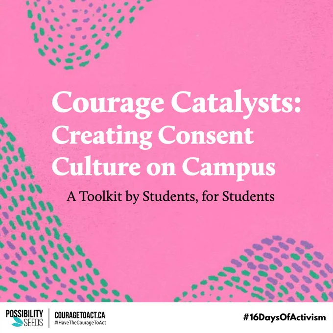 Pink background with purple and green dotted swirls. Says “Courage Catalysts: Creating Consent Culture on Campus. A Toolkit by Students, for Students” in white and black text.