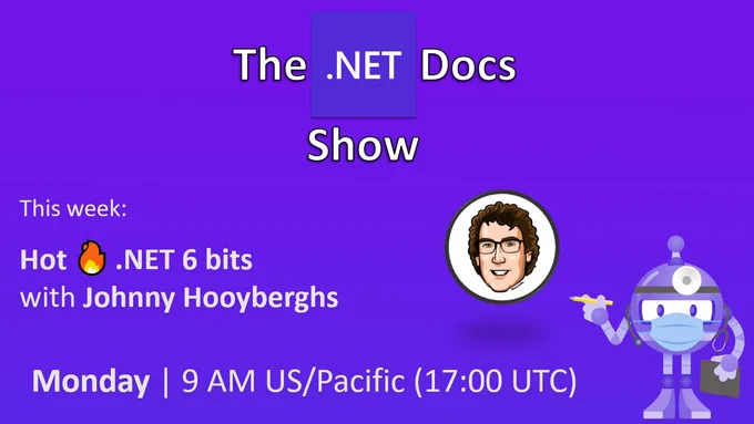 The .NET Docs title slide with title on the left and a picture of the guest speaker on the right.