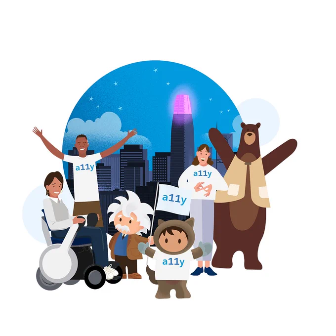 A diverse group of people and characters wearing a11y shirts pose in front of the Salesforce Tower building which is lit purple at the top as part of the Purple Light-Up Campaign. One person is a wheelchair user, and one is signing using ASL. The Brown Bear Codey is also present.