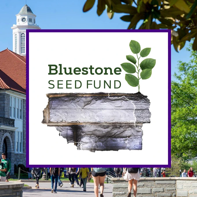 Bluestone Seed Fund logo with a JMU campus photo in the background