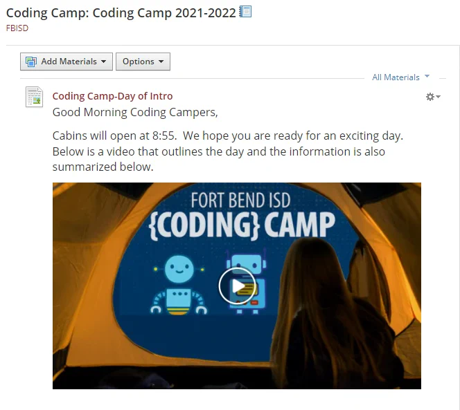 Landing page of Schoology Coding Camp page