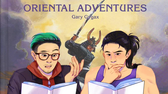 Drawing of Daniel Kwan (teal hair, hoodie, jacket) and me (hair in a ponytail, purple tank top). We're both looking at books with a "WTF" and "Hmm..." expression respectively. The background is the cover of Oriental Adventures (AD&D).