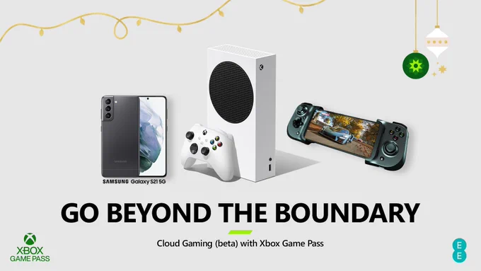 Image of Samsung Galaxy S21 5G phone, Xbox Series S with Controller and a phone with a Razer Kishi Controller attached playing Forza Horizon. Text underneath saying "Go Beyond the Boundary" as main headline with subheading of "Cloud Gaming (beta) with Xbox Game Pass". 