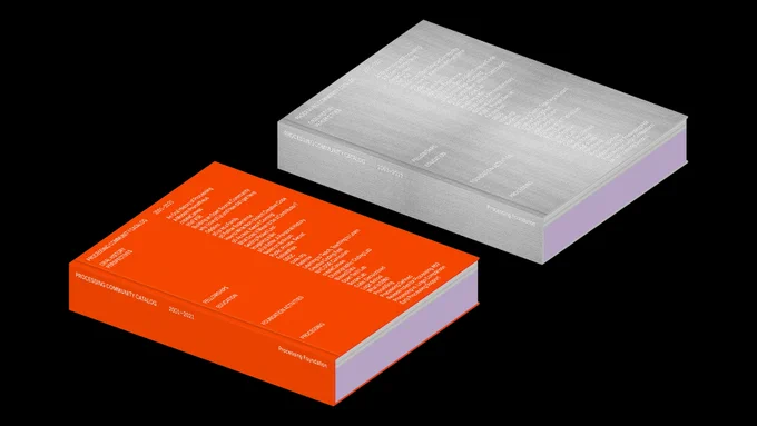 rendering of two books, orange and silver covers with lilac pages