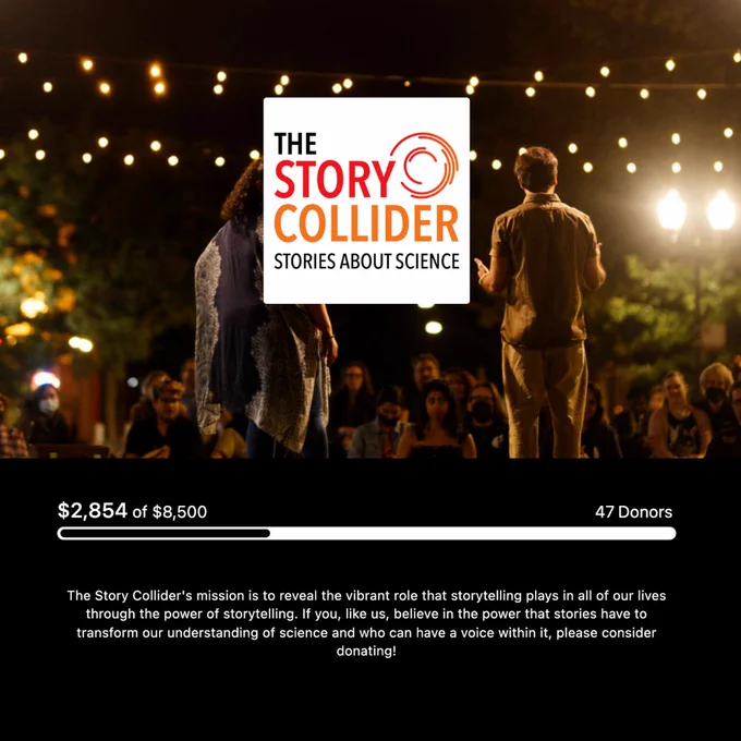 The Story Collider. 2,854 of 8,500. 47 donors. Donate at StoryCollider.org