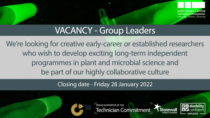 GROUP LEADER VACANCIES - We’re looking for creative early-career or established researchers who wish to develop exciting long-term independent programmes in plant and microbial science and be part of our highly collaborative culture. Closing date, Friday 29 January 2022