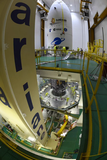 The James Webb Space Telescope is prepared for encapsulation inside its Ariane 5 launch vehicle.