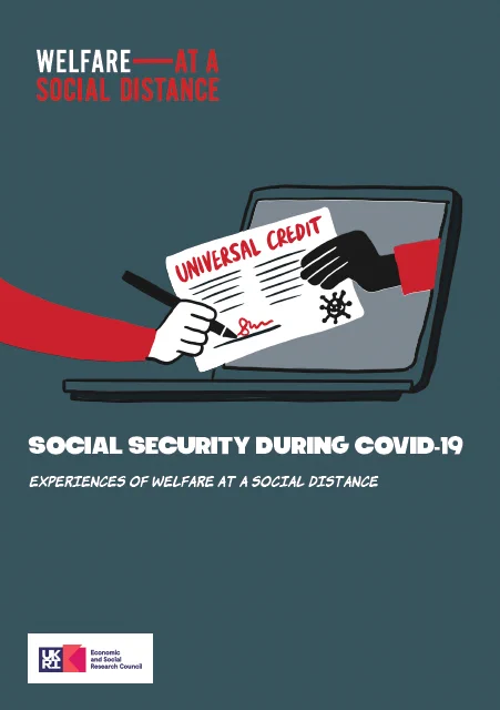 Front cover of research comic entitled "social security during COVID-19". Two hands can be seen, with one signing a universal credit claimant commitment through the screen of a laptop.