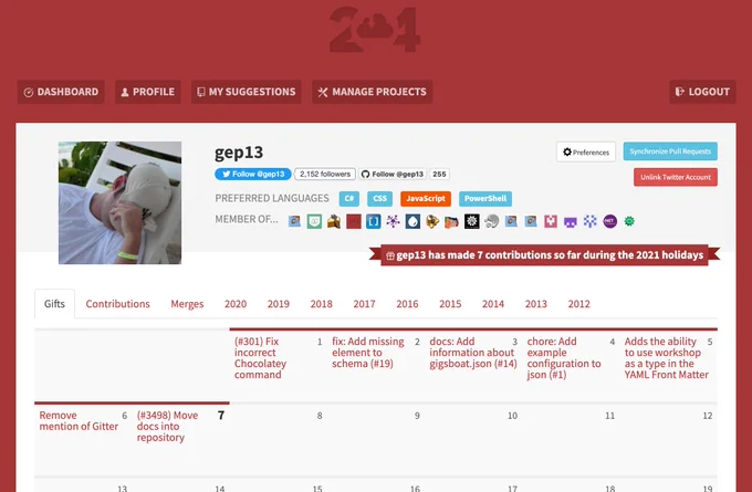 Screenshot showing my contributions to 24PullRequests. So far this month, I have made 7 pull requests, so on track to complete it!