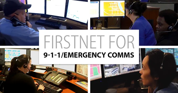 "FirstNet for 911/Emergency Comms;" 911 operator using a landline phone, looking at three computer monitors; 911 operators talking on headset phones