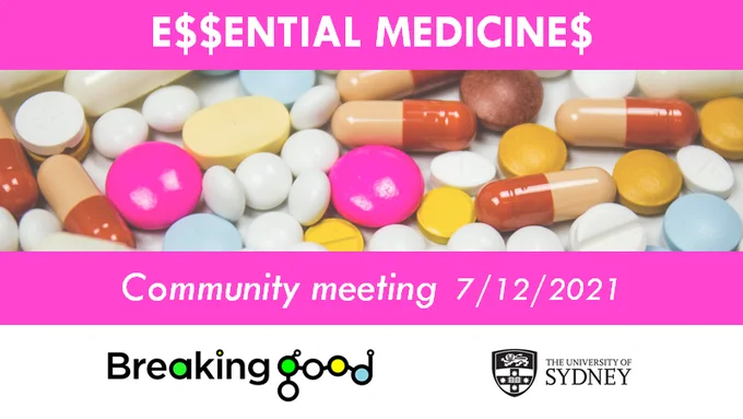 image reads: essential medicines community meeting 7/12/2021