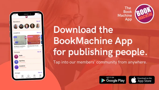 Text: Download the BookMachine App for publishing people. Tap into our members' community from anywhere.
Image: Phone using the BookMachine App.
