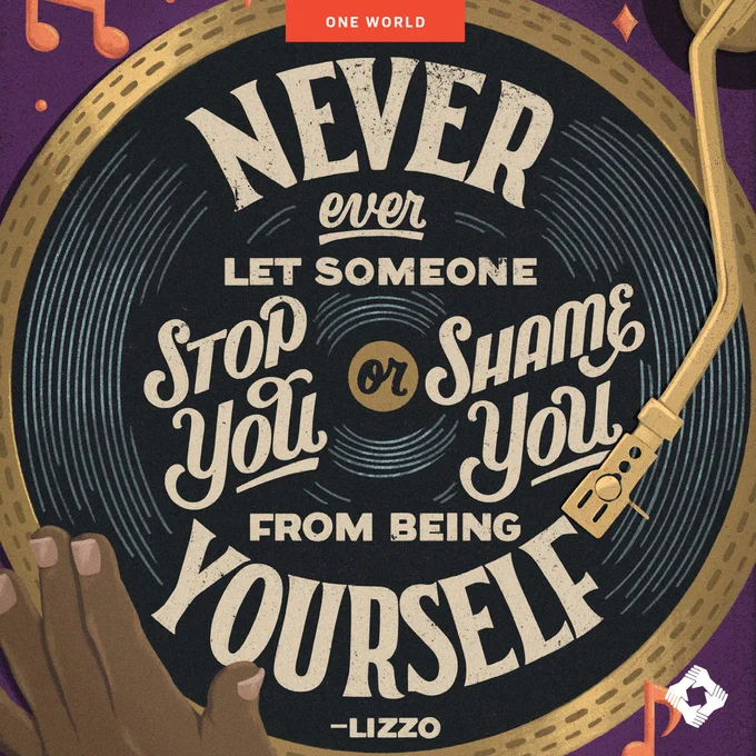 An image of a hand spinning a record on a record player. On the record, it says, "Never ever let someone stop you or shame you from being yourself," a quote from music artist Lizzo.