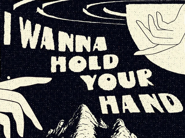 A black and white graphic image with the words 'I wanna hold your hand' in the centre, the peak of a mountain below, and a hand in the bottom left and top right corners reaching towards each other.