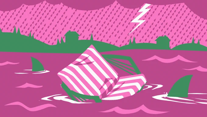 Illustration of a patio chair drifting in a body of water as a storm rages on overhead. Background is pink and landscape is dark green.