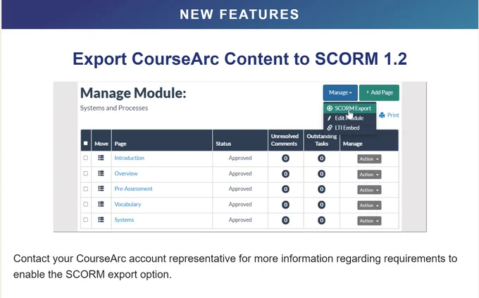 Screenshot of how to request SCORM within the CourseArc platform