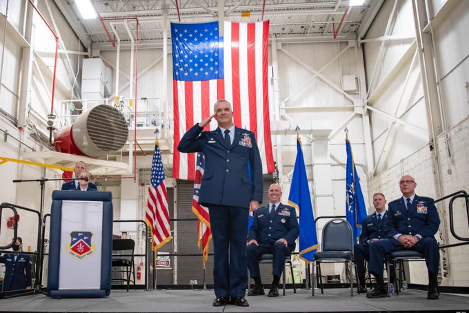 Col. Darren E. Hamilton, 179th Airlift Wing commander, renders his first salute to unit members during the 179th Airlift Wing change of command ceremony at Mansfield Lahm ANGB, Ohio, Dec. 3, 2021. The passing of a unit’s guidon symbolizes a transfer of command. Col. Todd K. Thomas is retiring as Col. Darren E. Hamilton takes command. (U.S. Air National Guard photo by Master Sgt. Joe Harwood)