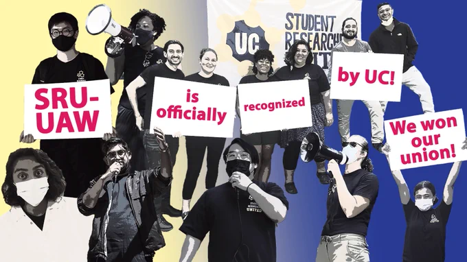 A graphic showing Student Researchers holding signs and speaking into megaphones, microphones, and bullhorns. The images are assembled from various SRU actions. Text is imposed on the signs so that they read, “SRU-UAW is officially recognized by UC! We won our union!” The left half of the background is yellow and it changes via a gradient into blue.