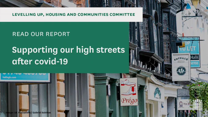 A line of shops in historic looking buildings. Caption reads: 'read our report, supporting our high streets after covid-19'
