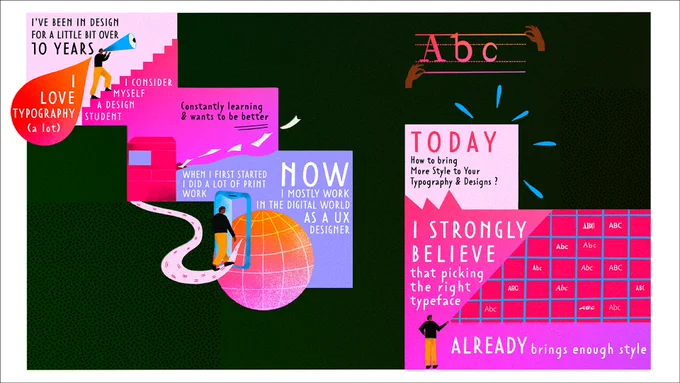 An illustration showing numerous quotes talking about typography. For each quote, there's a small illustration. In the right-hand corner, it says, "ABC."