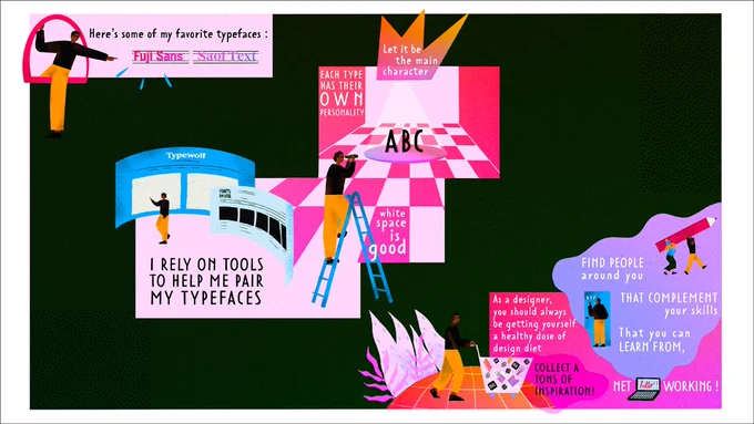 An illustration showing numerous quotes talking about typography. For each quote, there's a small illustration of a man acting out each of the quotes.