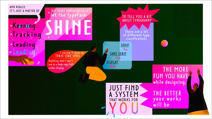 An illustration showing numerous quotes talking about typography. For each quote, there's a small illustration. In the center, there's a man on his knees; in the right-hand corner, the man is raising his arms.