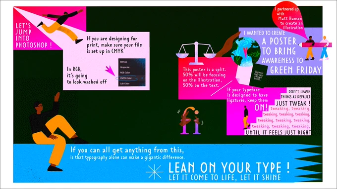  An illustration showing numerous quotes talking about typography. For each quote, there's a small illustration. In the lower left-hand corner, there's a man sitting down.