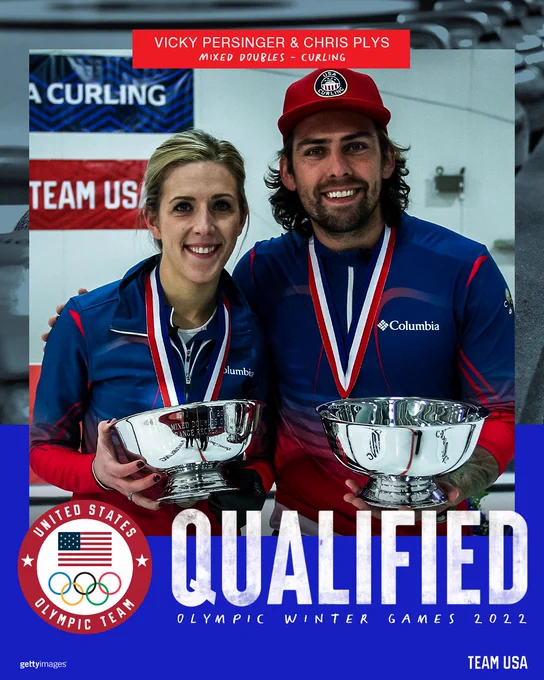 Qualified graphic for Mixed Doubles Curling Team Vicky Persinger and Chris Plys. Chris and Vicky are pictured smiling with trophies and the graphic reads, "Qualified  - Olympic Winter Games 2022" 