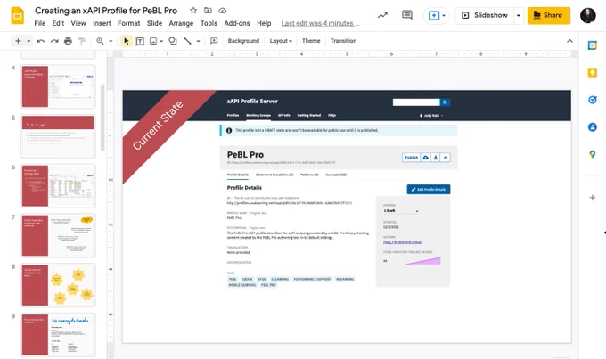 Slide deck showing a screenshot of the current state of an xAPI profile on the profile server.