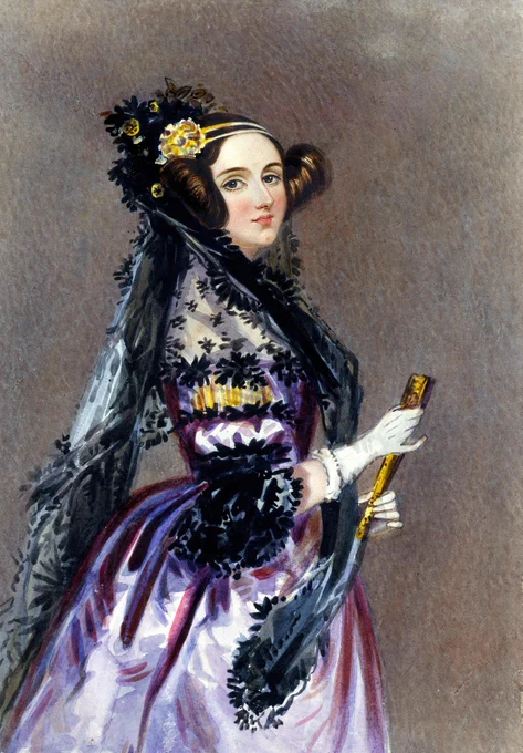 Illustrated portrait of Ada Lovelace wearing a luxurious purple gown, a black lace stole and holding a fan.