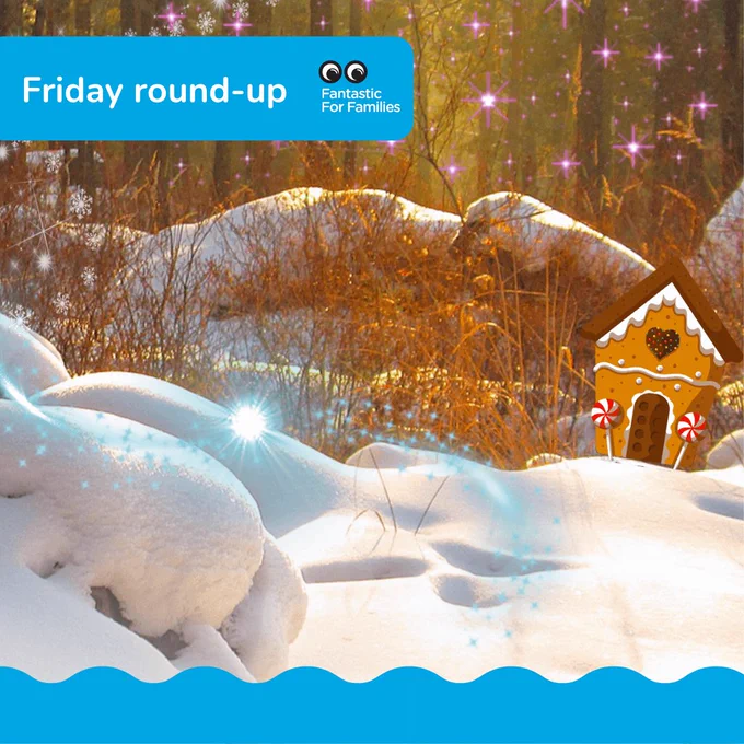 Glistening snow in a forest with a tiny gingerbread house