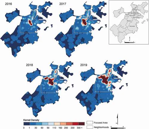Figure 1. Density estimation for needle pick-up requests in the city of Boston (2016–2019): both the number and geospatial distribution of areas with concentrated reports of improperly discarded needles increased citywide between 2016 and 2019.