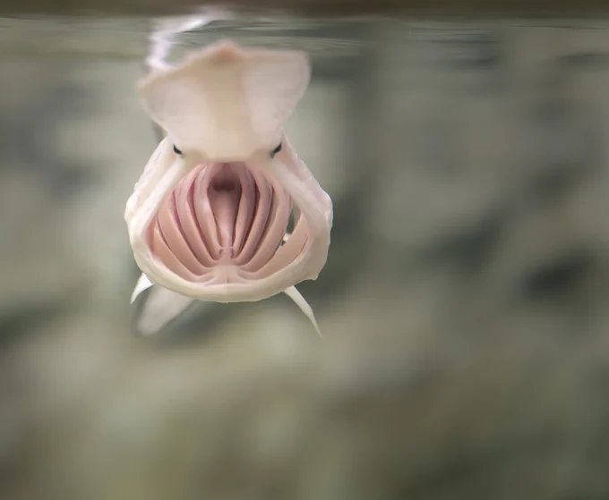 looking down a paddlefish's open mouth underwater