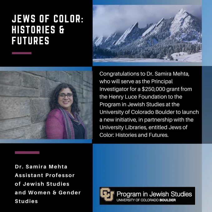 Photo of Dr. Samira Mehta and snowy Colorado mountains, with the same text as in tweet.