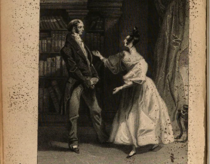 Sepia photograph of a balding gentleman, with arms folded at his waist, talking to a dark-haired lady in a library or study. The lady is leaning in with her arms outstretched. A bookcase and window curtains are in the background.