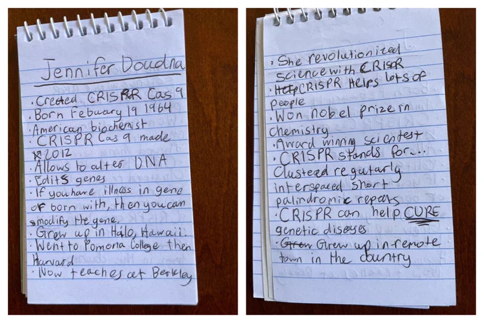 image shows two side by side lined notebooks with notes on Jennifer Doudna in an 8 year old's handwriting, in pencil. 