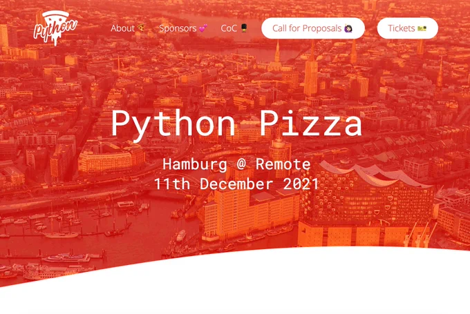 Python pizza landpage image with conference name as such and remote event date, December 11th 2021