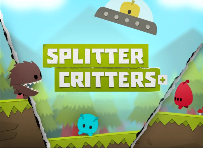 Splitter Critters  still image with the logo centered and creatures on split hills.