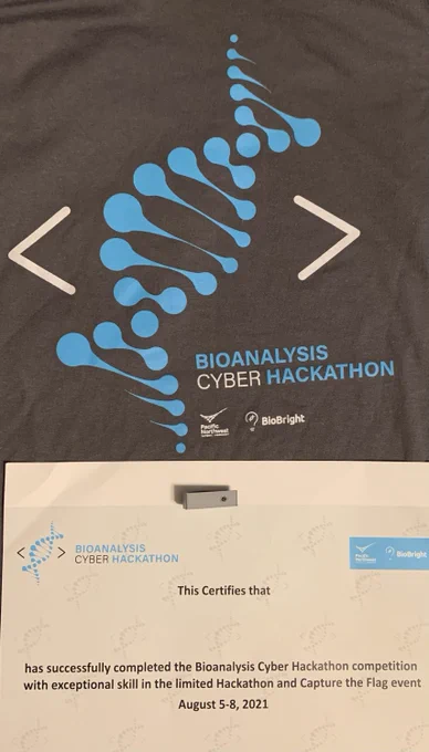 T-shirt, certificate, and microscope lens for mobile devices.
They are from the Bioanalysis Cyber Hackathon.