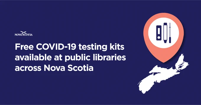 An image of text saying "Free COVID-19 testing kits available at public libraries across Nova Scotia"