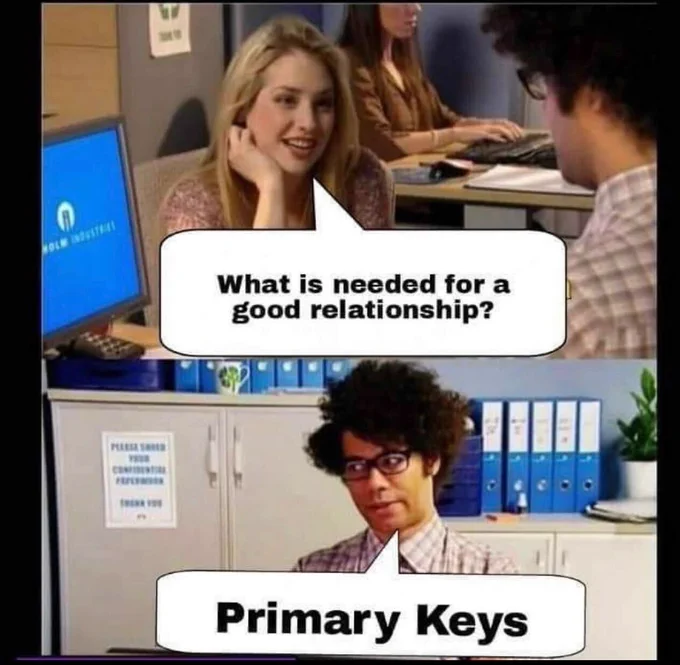 IT Crowd comic where a blonde girl asks Moss "What is needed for a good relationship" and Moss replies "Primary Keys"