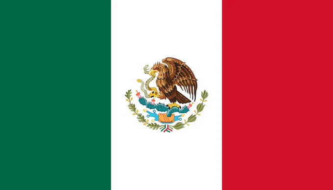 Image of the Mexican flag. It is composed of three large vertical stripes that, each take up a third of the banner. From left to right the stripes are colored, green, white, red. In the center of the white stripe there is an image of a eagle perched on a cactus with a worm in its beak