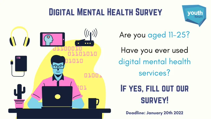 Image text is in the post. The background is white and has the title “digital mental health survey”. There is a graphic of a person using a laptop and surrounded by other tech items. The NHS Youth Forum logo is near the bottom of the image.
