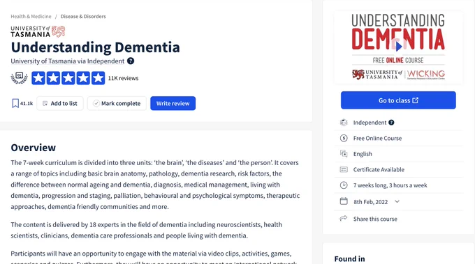 Screenshot of Class Central Course page for Understanding Dementia show 11k reviews and 5 star average rating.