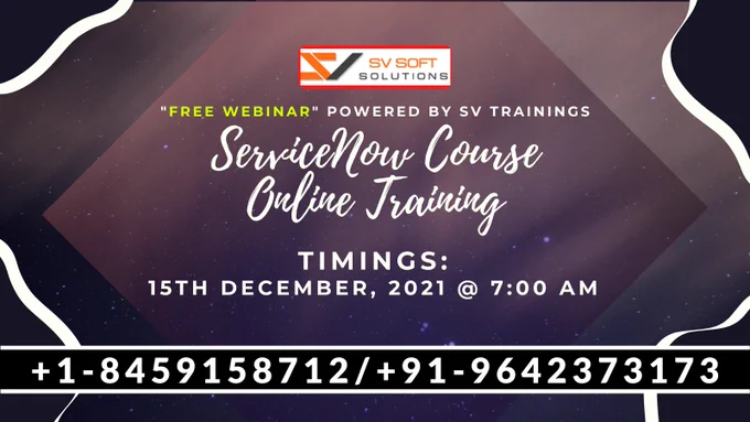 learn servicenow with this new december batch starting by sv soft solutions, contact on the numbers shown on image, free webinar and demo session.