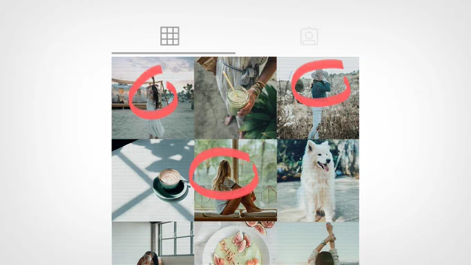 A grid of images that look like they're from an influencer's Instagram page. They are polished and perfect. A couple of images are circled in a red marker, highlighting that the woman in each of the photos is facing away from the camera.