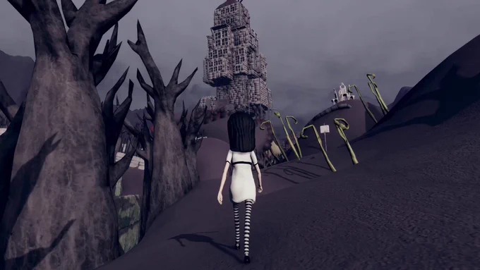 Abigail walking towards a strange looking building.