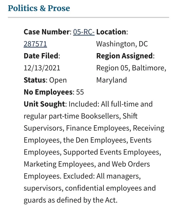 Pictured is a filing from the National Labor Relations Board website showing a petition for certification of a labor organization as the representative of a collective bargaining unit. The employer is Politics and Prose located in Washington, D.C. There are 55 employees in the proposed bargaining unit, including book sellers, shift supervisors, finance employees, receiving employees, employees in the Den, events employees, marketing employees, and web order employees.