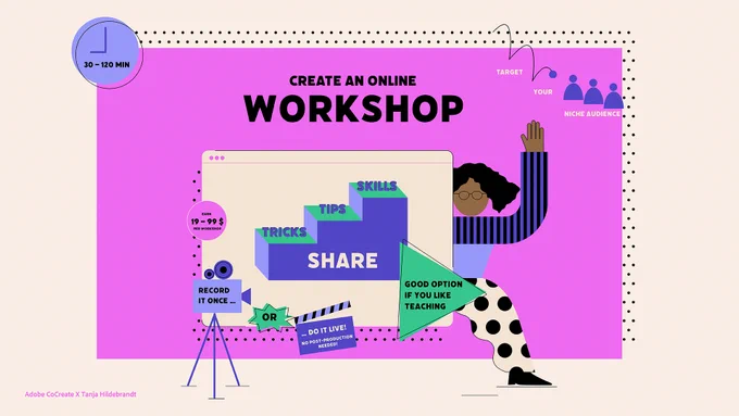 An infographic about starting your own online info session including illustrated notes from an Adobe MAX session teaching freelancers how to diversify their income streams.