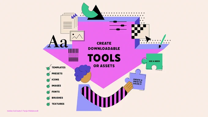 An infographic about creating your own downloadable digital assets including illustrated notes from an Adobe MAX session teaching freelancers how to diversify their income streams.
